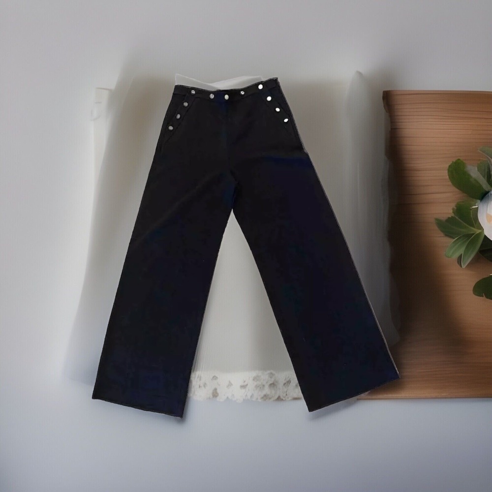 St. John Wide Leg‎ Sailor Pants Womens 12 Caviar Black Gold Button High Rise NEW - Picture 13 of 13